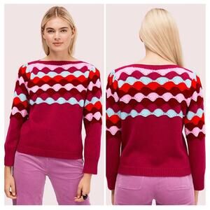Kate Spade Scallop Intarsia Sweater Size Medium Multicolor Pink Wool Blend Knit